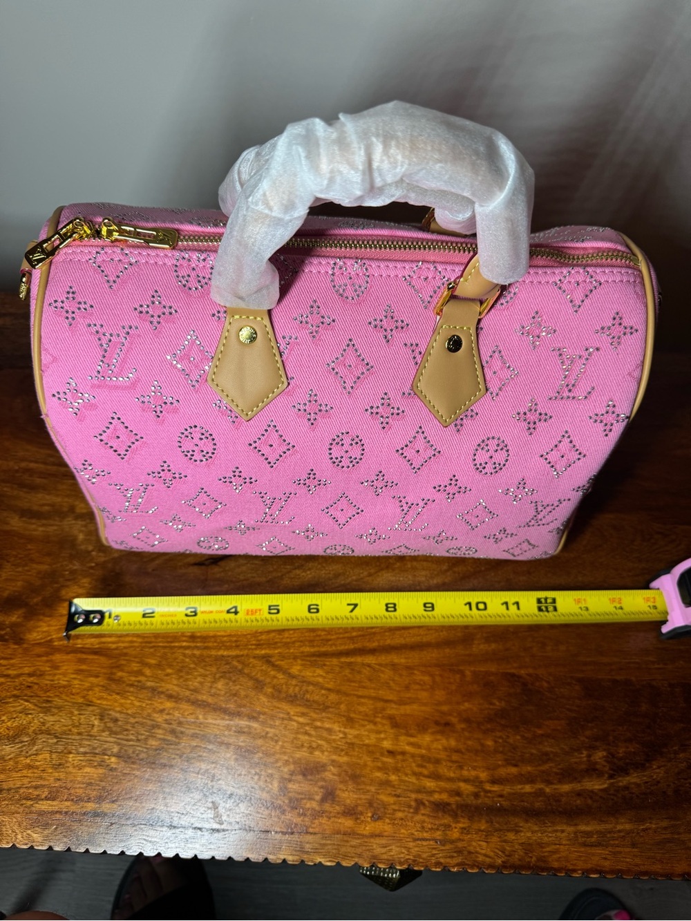 Pink Satchel with Tan Trim and Gold Hardware. No Brand.
